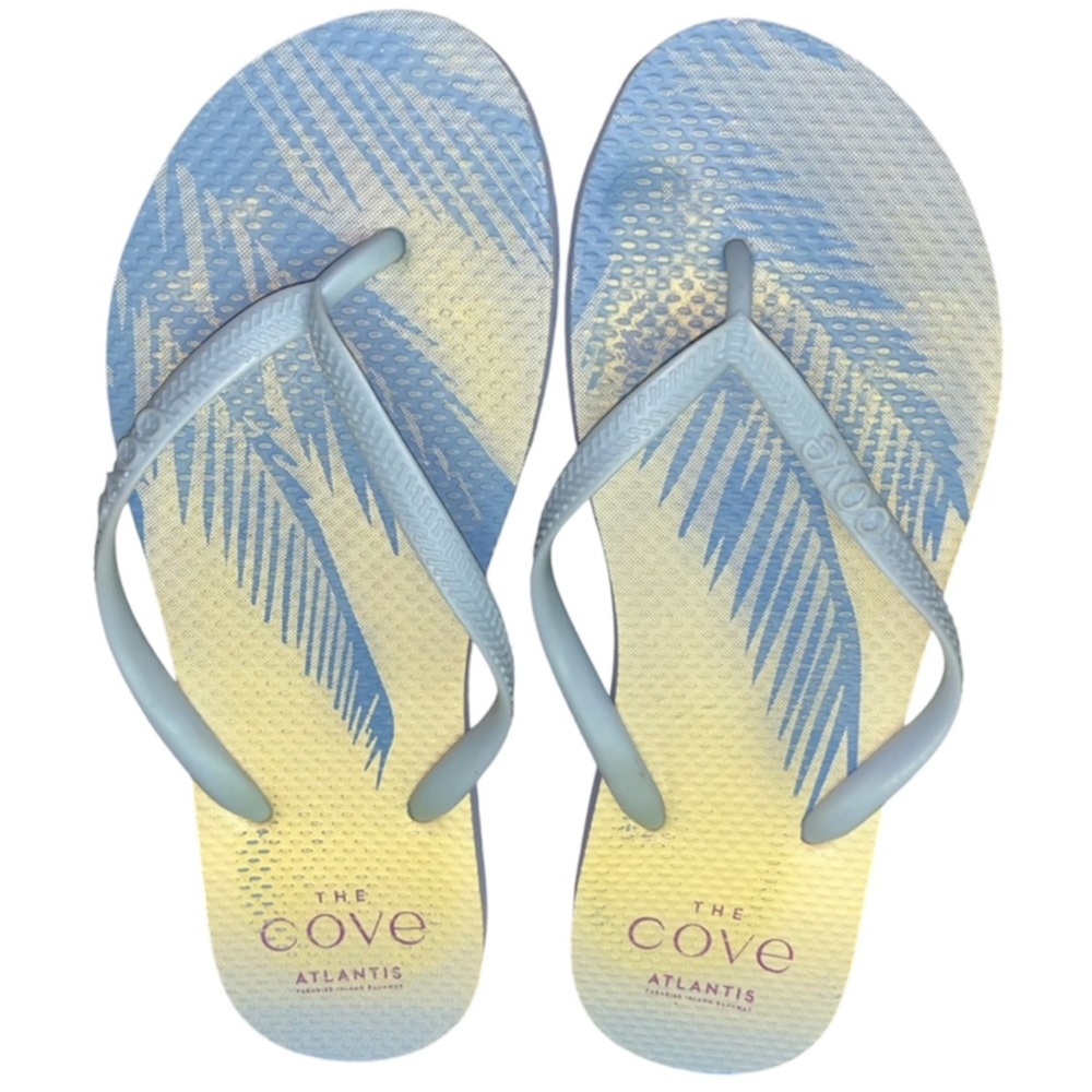 Atlantis Bahamas The Cove Yellow Blue Palm Tree Flip Flops Sz 7 🏝️